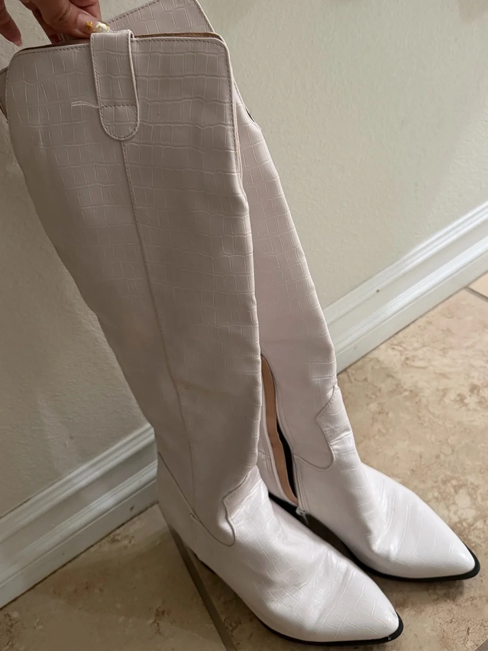 White Pointed-Toe Knee-High Boots